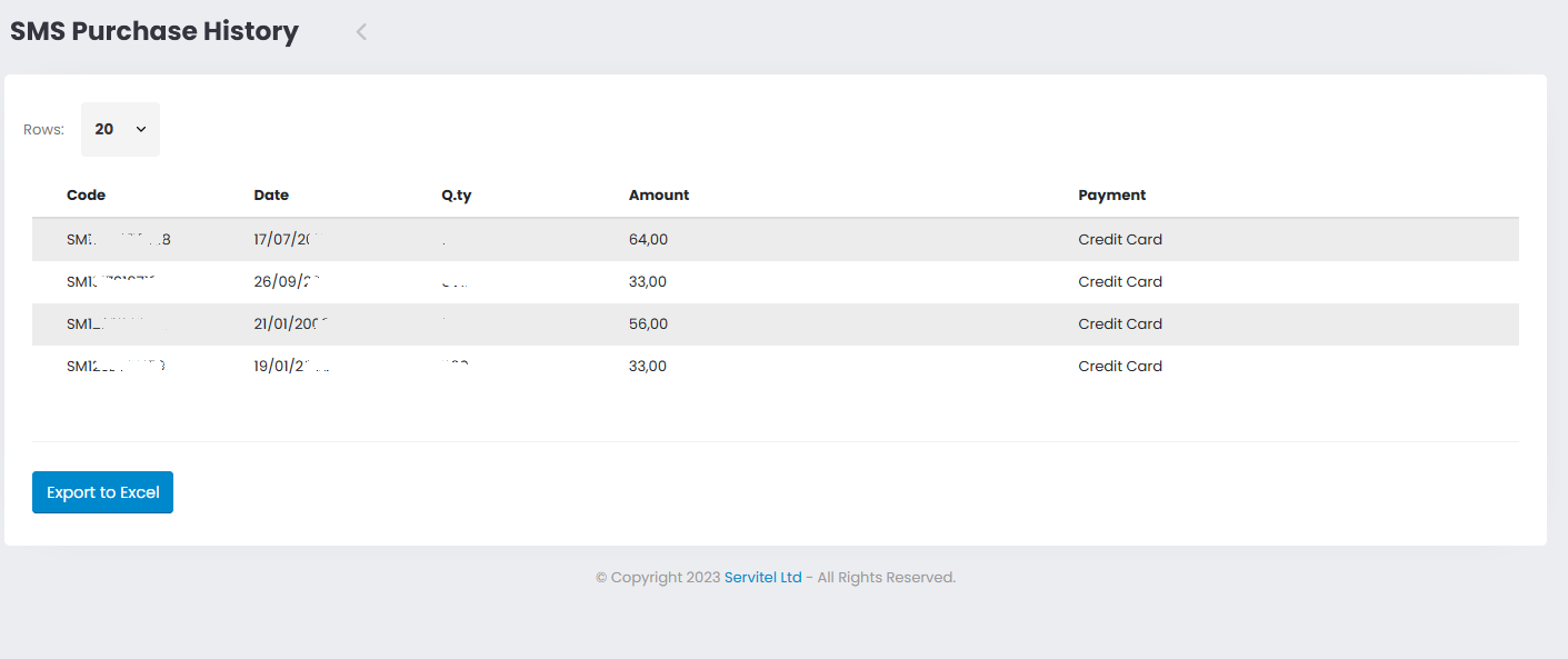 SMS Purchase list